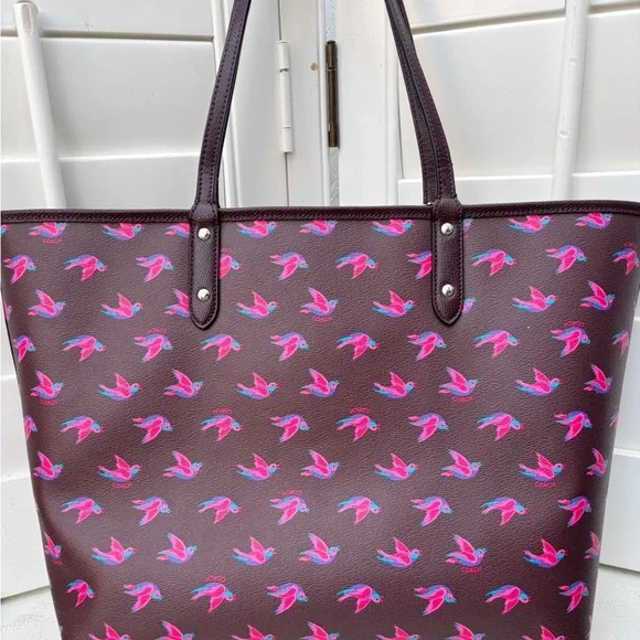 Coach Reversible City Tote Bag In Happy Bird Print Canvas 55870 Oxblood 1 - Picture 6 of 13